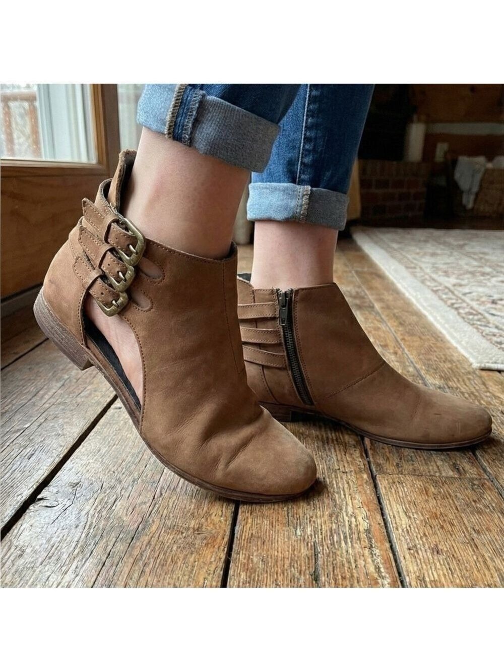 WOLVERINE Genuine Nubuck Leather Open Bootie Inside Zippers in Cognac Sz 7B